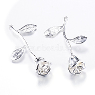 Brass Rose Pendants, Lead Free, Silver Color Plated, 40x22x10mm, Hole: 1mm(X-KK-P9495-S-LF)