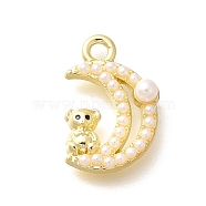 Brass Pendents, Moon with Bear Charms, with ABS Imitation Pearl, Real 18K Gold Plated, Rack Plating, Lead Free & Cadmium Free, White, 15.5x11x4mm, Hole: 1.6mm(KK-R212-11G)