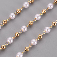 Handmade Brass Beaded Chains, with ABS Plastic Imitation Pearl Beads, Soldered, Spool, Round, Real 18K Gold Plated, 4mm, about 16.4 Feet(5m)/roll(CHC-S012-005A-01)