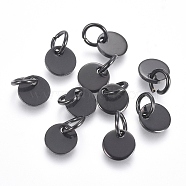 304 Stainless Steel Charms, Stamping Blank Tag, with Jump Rings, Flat Round, Electrophoresis Black, 6x0.7mm, Hole: 3.5mm(STAS-I124-01A-B)