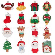 32Pcs 16 Styles Opaque Resin Pendants, Christmas Charms, with Platinum Tone Iron Loops, Gingerbread Man & Santa Claus & Snowman, Mixed Shapes, Mixed Color, 21~34x15~21.5x5~8mm, Hole: 2~2.7mm, 2pcs/style(RESI-SC0002-50)