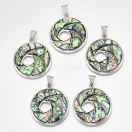 Abalone Shell/Paua Shell Pendants, with Alloy Findings and Resin Bottom, Flat Round with Vortex, Platinum, 46.5x42x4.5mm, Hole: 10x5mm(SHEL-S275-46A)