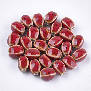 Handmade Porcelain Beads, Fancy Antique Glazed Porcelain, Oval, Red, 12~14x9~10.5x9~11mm, Hole: 2.5mm(PORC-S498-07R)