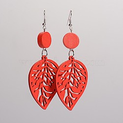 Trendy Leaf Wood Dangle Earrings, with Platinum Plated Iron Earring Hooks, Red, 90x34mm, Pin: 0.8mm(EJEW-F0090-09D)