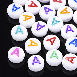 Initial Acrylic Beads, Horizontal Hole, Flat Round, Mixed Color, Letter.A, 7x3.5~4mm, Hole: 1.2mm(X-OACR-E001-20A)