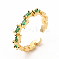 Green Cubic Zirconia Rectangle Open Cuff Ring, Rack Plating Brass Jewelry for Women, Lead Free & Cadmium Free, Real 18K Gold Plated, Inner Diameter: 17mm(RJEW-F142-07G)