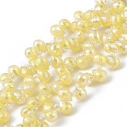 Imitation Jade Glass Beads Strands, Faceted, Top Drilled Teardrop, AB Color Plated, Yellow, 10x7.5~8mm, Hole: 0.8~1mm, about 95~100pcs/strand, 23.23~26.77(59~68cm)(EGLA-F152-A03)
