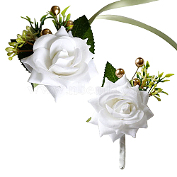 2Pcs 2 Style Cloth Flower Boutonniere Brooch, with Silk Cloth Imitation Rose Wrist Corsages, for Wedding Party, White, 102~764x10~85mm, 1pc/style(AJEW-CP0001-58A)