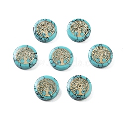 Synthetic Turquoise Beads, with Golden Tone Brass Slices, Flat Round, Tree of Life, 15x4mm, Hole: 1mm(G-F775-A06)