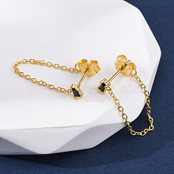 Real 18K Gold Plated 925 Sterling Silver Chains Front Back Stud Earrings, with Rectangle Cubic Zirconia, Black, 48x4mm(PA4661-1)