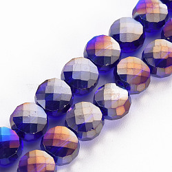 Transparent Electroplate Glass Beads Strands, AB Color Plated, Faceted, Flat Round, Medium Blue, 8x5mm, Hole: 1.5mm, about 72~73pcs/strand, 20.87 inch(53cm)(EGLA-N007-002-A05)