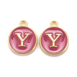 Golden Plated Alloy Enamel Charms, Cadmium Free & Lead Free, Enamelled Sequins, Flat Round with Letter, Camellia, Letter.Y, 14x12x2mm, Hole: 1.5mm(ENAM-S118-08Y)