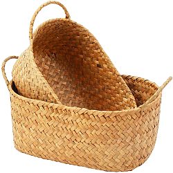 Straw Braid Baskets, with Handles, for for Storage Plant Pot Basket and Laundry, Picnic and Grocery Basket, Mixed Color, 28.5x14.05x14cm, 31x17.5x12cm, 2pcs/set(AJEW-GA0002-16)