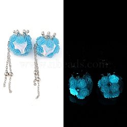 Handmade Luminous Polymer Clay Rhinestone Beads, Resin Fishtail & Acrylic Rose & Alloy Chain, Glow in the Dark, Crown, Sky Blue, 58~66mm(CLAY-H003-09P-03)