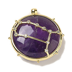 Constellation Natural Amethyst Pendants, Brass Flat Round Charms, Golden, Gemini, 32x30x9mm, Hole: 2mm(G-A300-E05)