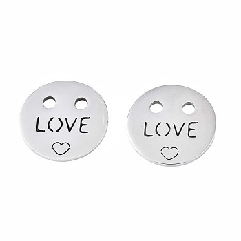 201 Stainless Steel Pendants, Flat Round with Word & Heart, Stainless Steel Color, 18x1mm, Hole: 2mm