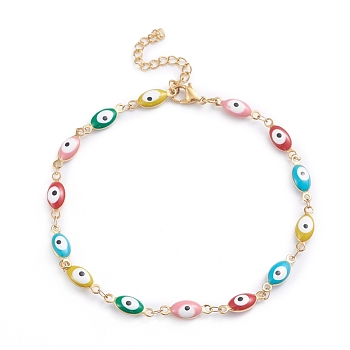 304 Stainless Steel Anklets, with Enamel and Lobster Claw Clasps, Evil Eye, Colorful, Golden, 10-1/4 inch(26cm)