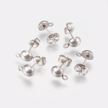 Non-Tarnish 201 Stainless Steel Stud Earring Findings, with Loop, Ear Nuts/Earring Backs, Half Round, Stainless Steel Color, 9x6x3mm, Hole: 1.3mm, Pin: 0.7mm