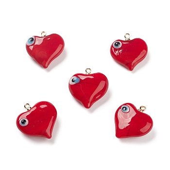 Handmade Evil Eye Lampwork Pendants, with Light Gold Tone Brass Findings, Long-Lasting Plated, Lead Free & Cadmium Free, Heart Charm, Red, 19x17.5~18.5x8.5~9mm, Hole: 1.4mm