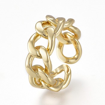 Brass Cuff Rings, Open Rings, Long-Lasting Plated, Curb Chain Shape, Real 18K Gold Plated, Size 6, Inner Diameter: 17mm