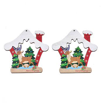Christmas Theme Single-Sided Printed Wood Big Pendants, House with Reindeer/Stag, Colorful, 109x105x2.5mm, Hole: 3mm