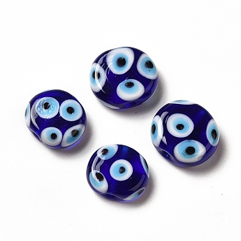 Handmade Evil Eye Lampwork Beads, Oval, Blue, 13~15x15~17x6~7mm, Hole: 1.8mm