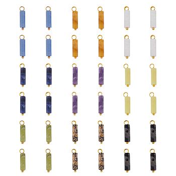 36Pcs 9 Styles Natural Mixed Gemstone Pendants, Column Charms with Golden Tone Brass Loops, 20x4~5mm, Hole: 2.5mm, 4pcs/style