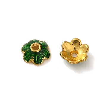 Alloy Enamel Beads Caps, Lead Free & Cadmium Free, Multi-Petal Flower, Green, 8x3mm, Hole: 1.3mm