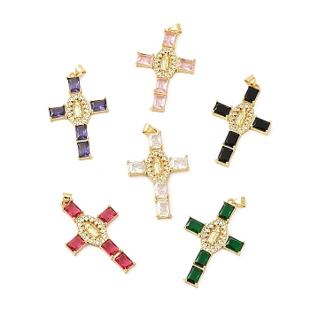 Rack Plating Brass Pendants, with Glass Cubic Zirconia, Religion Cross with Virgin Mary Charm, Cadmium Free & Lead Free, Long-Lasting Plated, Real 18K Gold Plated, Mixed Color, 43x27x4mm, Hole: 5x3mm
