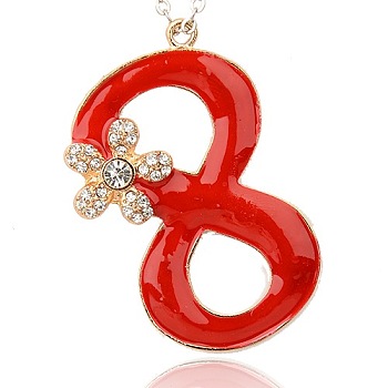Golden Alloy Enamel Big Pendants, with Rhinestone, Number 8, Red, 62x40x5mm, Hole: 3.5mm