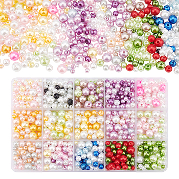 Elite 15 Colors ABS Plastic Beads, Imitation Pearl, Round, Mixed Color, 3~8mm, Hole: 1.2~1.8mm