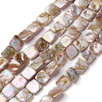 Drawbench Natural Fresh Shell Beads Strands, AB Color Plated, Square, 15x14x3mm, Hole: 0.7mm, about 26pcs/strand, 15.35''(39cm)