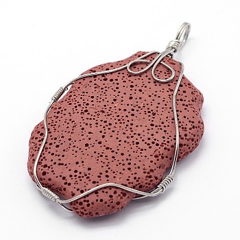 Nuggets Synthetic Lava Rock Big Pendants, with Platinum Plated Brass Findings, Dyed, Indian Red, 68x42x8.5mm, Hole: 5.5mm