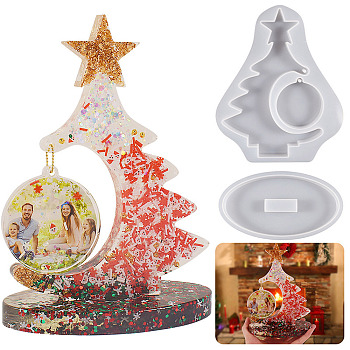 Epoxy Resin Casting Molds, Christmas Tree Picture Frame Silicone Molds, White, Tree: 212x173x16mm, Base: 159x85x16mm