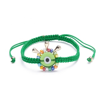 Big Evil Eye Braided Bead Bracelet, Adjustable Lampwork Beads Bracelet for Teen Girl Women, Golden, Lime Green, Inner Diameter: 2-1/4~4 inch(5.7~10.4cm)