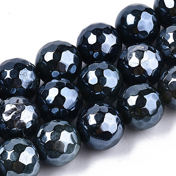 Electroplate Natural Agate Beads Strands, Dyed, Faceted, Pearl Luster Plated, Round, Marine Blue, 10.5mm, Hole: 1.2mm, about 36~37pcs/strand, 14.37 inch~14.57 inch(36.5cm~37cm)