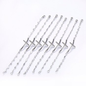 304 Stainless Steel Link Bracelets, with Lobster Claw Clasps, Cross, Stainless Steel Color, 7-1/2 inch(19cm)~9 inch(23cm), 3~6mm