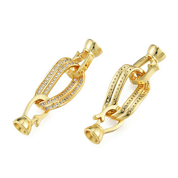 Brass Micro Pave Clear Cubic Zirconia Fold Over Clasps, Nickel Free, Oval, Real 14K Gold Plated, 38mm, Clasp: 13.5x7.5x6.5mm, Inner Diameter: 4mm, Hole: 1.2mm, Oval: 19x11.5x6mm