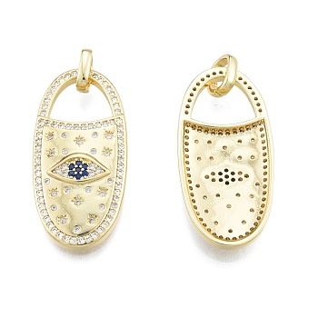 Brass Micro Pave Cubic Zirconia Pendants, with Jump Rings, Lock with Eye, Real 18K Gold Plated, 34x16x3.5mm, Hole: 3.5x5.5mm