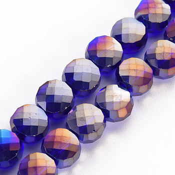 Transparent Electroplate Glass Beads Strands, AB Color Plated, Faceted, Flat Round, Medium Blue, 8x5mm, Hole: 1.5mm, about 72~73pcs/strand, 20.87 inch(53cm)