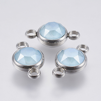 K9 Glass Links connectors, Faceted, with 304 Stainless Steel Findings, Flat Round, Stainless Steel Color, Sky Blue, 17.5x10x6mm, Hole: 2.5mm