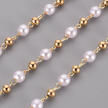 Handmade Brass Beaded Chains, with ABS Plastic Imitation Pearl Beads, Soldered, Spool, Round, Real 18K Gold Plated, 4mm, about 16.4 Feet(5m)/roll
