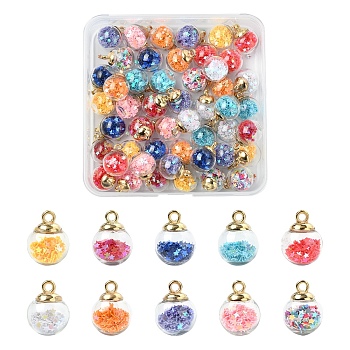 50Pcs 10 Colors Glass Round Pendants, with Plastic Finding and Foam Glitter, Mixed Color, 21x16mm, Hole: 2.5mm, 5pcs/color