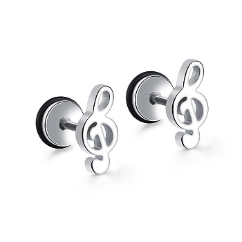 Titanium Steel Music Note Stud Earrings for Women, Stainless Steel Color, 11mm