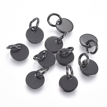 304 Stainless Steel Charms, Stamping Blank Tag, with Jump Rings, Flat Round, Electrophoresis Black, 6x0.7mm, Hole: 3.5mm