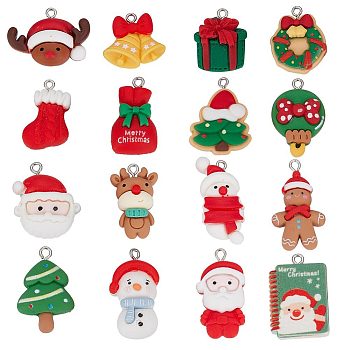 32Pcs 16 Styles Opaque Resin Pendants, Christmas Charms, with Platinum Tone Iron Loops, Gingerbread Man & Santa Claus & Snowman, Mixed Shapes, Mixed Color, 21~34x15~21.5x5~8mm, Hole: 2~2.7mm, 2pcs/style
