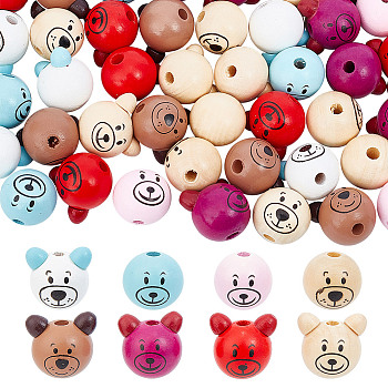56Pcs 8 Styles Spray Painted Natural Wood European Beads, Large Hole Beads, Bear, Mixed Color, 25~27x26~28x23.5~25.5mm, Hole: 5~6mm, 7pcs/style