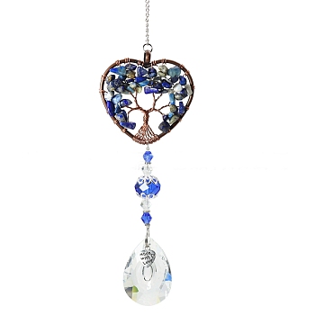 Big Pendant Decorations, Hanging Sun Catchers, with Lapis Lazuli Beads and K9 Crystal Glass, Heart with Tree of Life, 35.5cm