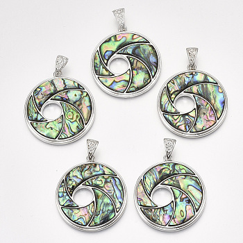 Abalone Shell/Paua Shell Pendants, with Alloy Findings and Resin Bottom, Flat Round with Vortex, Platinum, 46.5x42x4.5mm, Hole: 10x5mm
