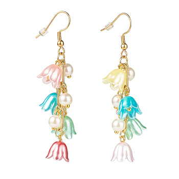 Plastic Flower with Brass Chains Long Dangle Earrings, Gold Plated 304 Stainless Steel Jewelry for Women, Colorful, 65mm, Pin: 0.7mm